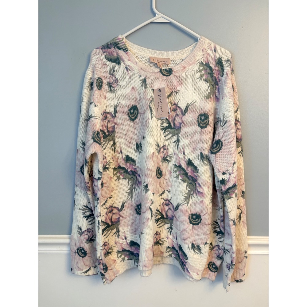 Philosophy Cottagecore Whimsical Floral Crew Neck Sweater Purple Pink NWT 1X